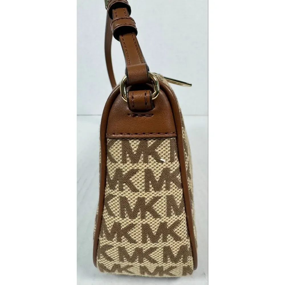Michael Kors MK Logo Jacquard Shoulder Bag Brown Beige Gold Tone Hardware